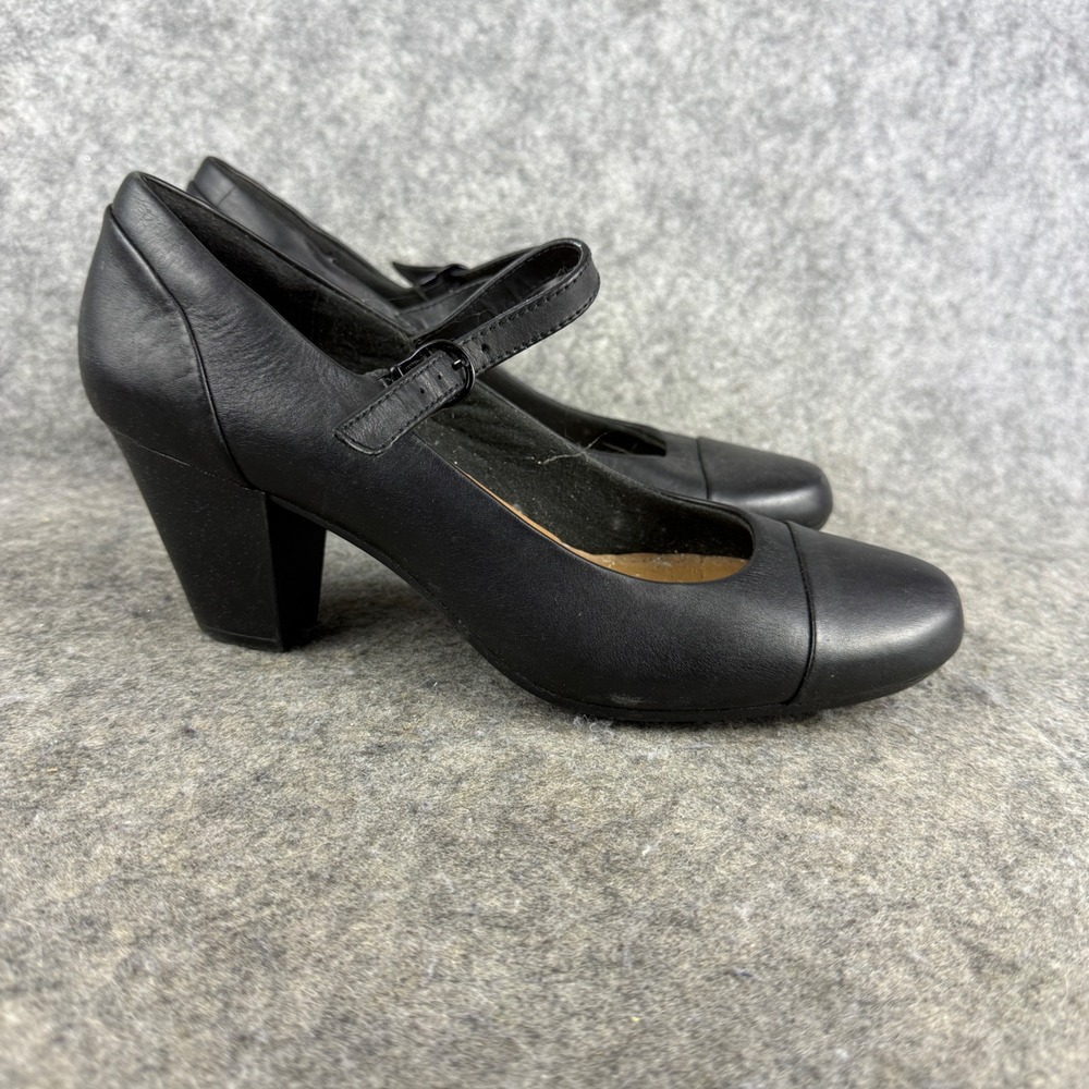 Clarks Collection Black Leather Mary Jane Pumps Cushion Soft Heels 9.5 Comfort
